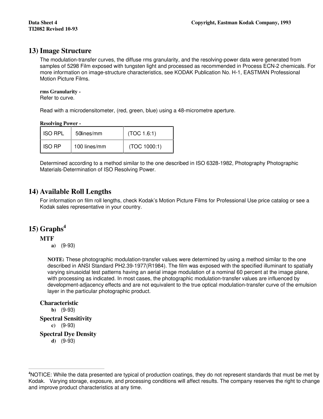 Kodak EXR 500T manual Image Structure, Available Roll Lengths, Graphs4 