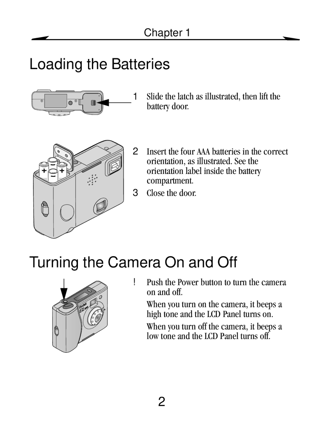 Kodak EZ 200 manual Loading the Batteries, Turning the Camera On and Off, Chapter 