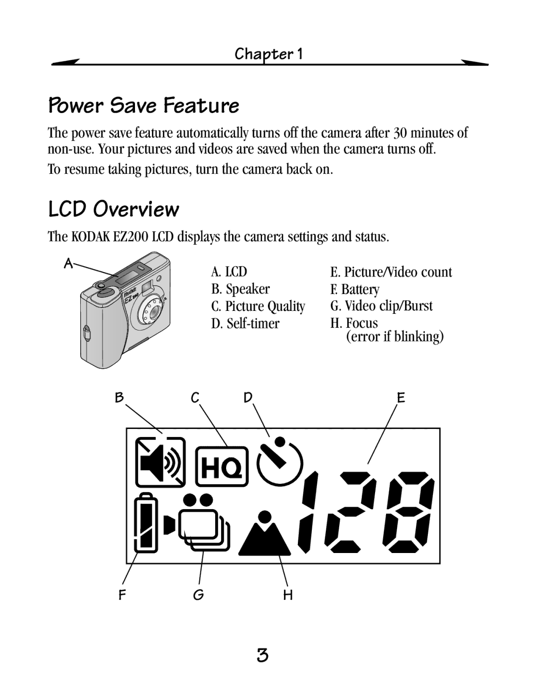 Kodak EZ 200 manual Power Save Feature, LCD Overview 