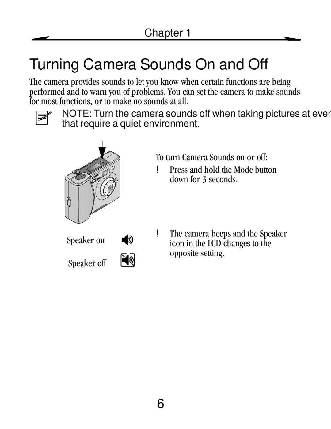 Kodak EZ 200 manual Turning Camera Sounds On and Off 