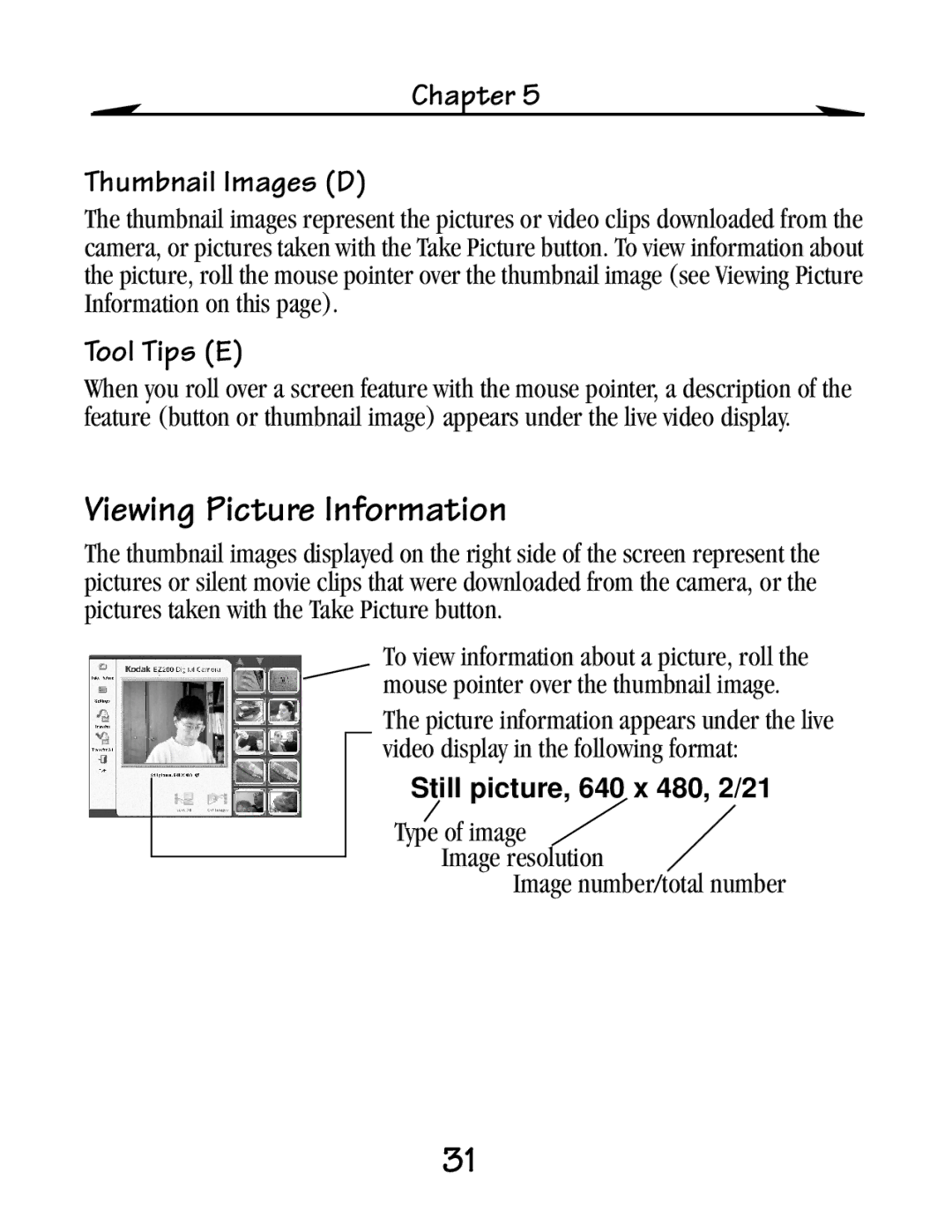 Kodak EZ 200 manual Viewing Picture Information, Chapter Thumbnail Images D, Tool Tips E 