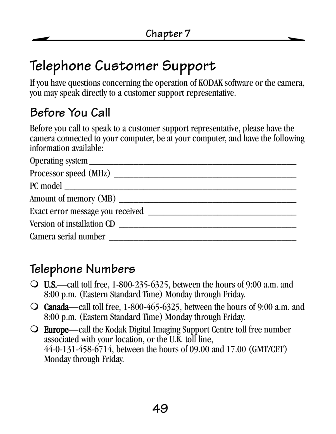 Kodak EZ 200 manual Telephone Customer Support, Before You Call, Telephone Numbers 