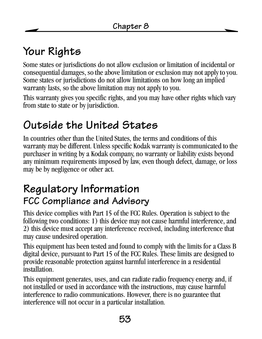 Kodak EZ 200 manual Your Rights, Outside the United States, Regulatory Information, FCC Compliance and Advisory 