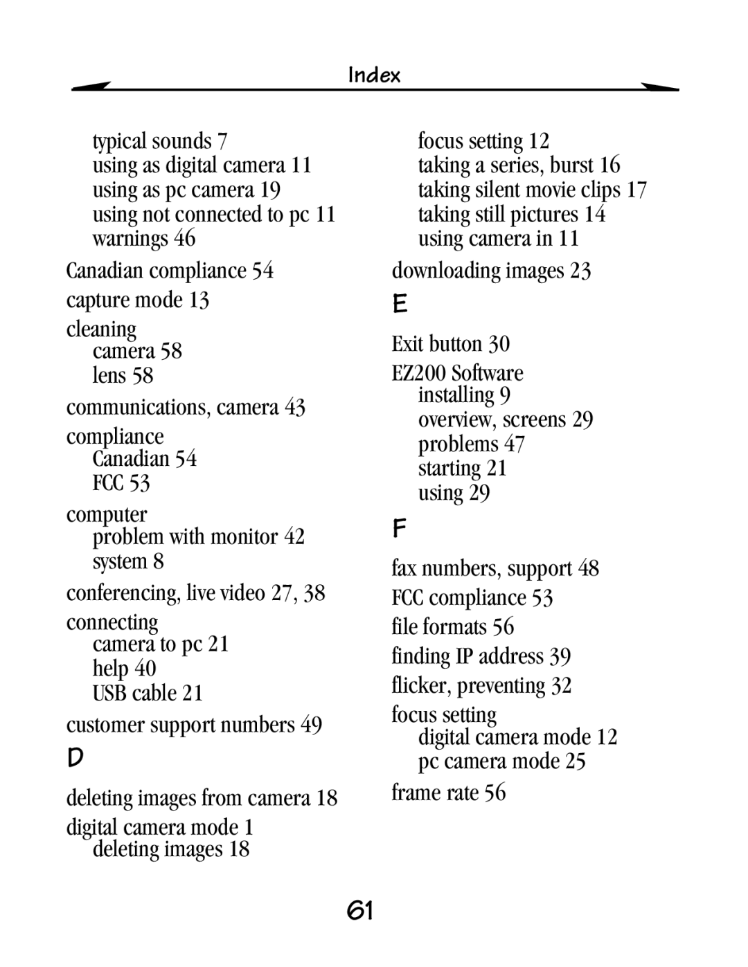 Kodak EZ 200 manual Index 