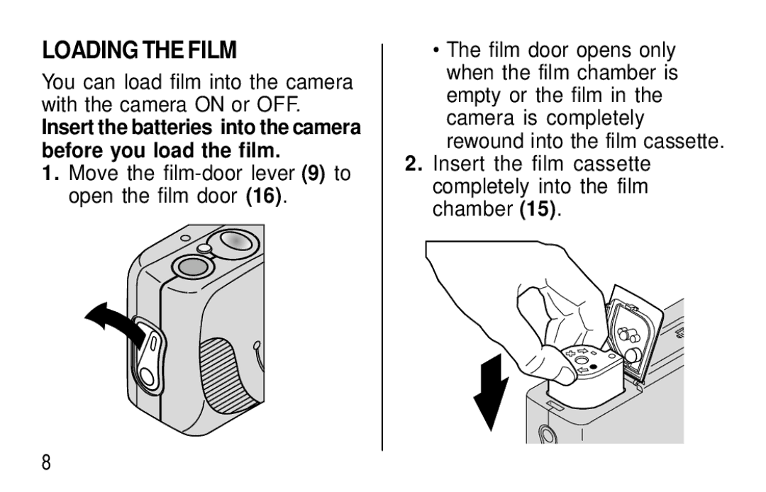 Kodak F320/F330 manual Loading the Film, Move the film-door lever 9 to open the film door 