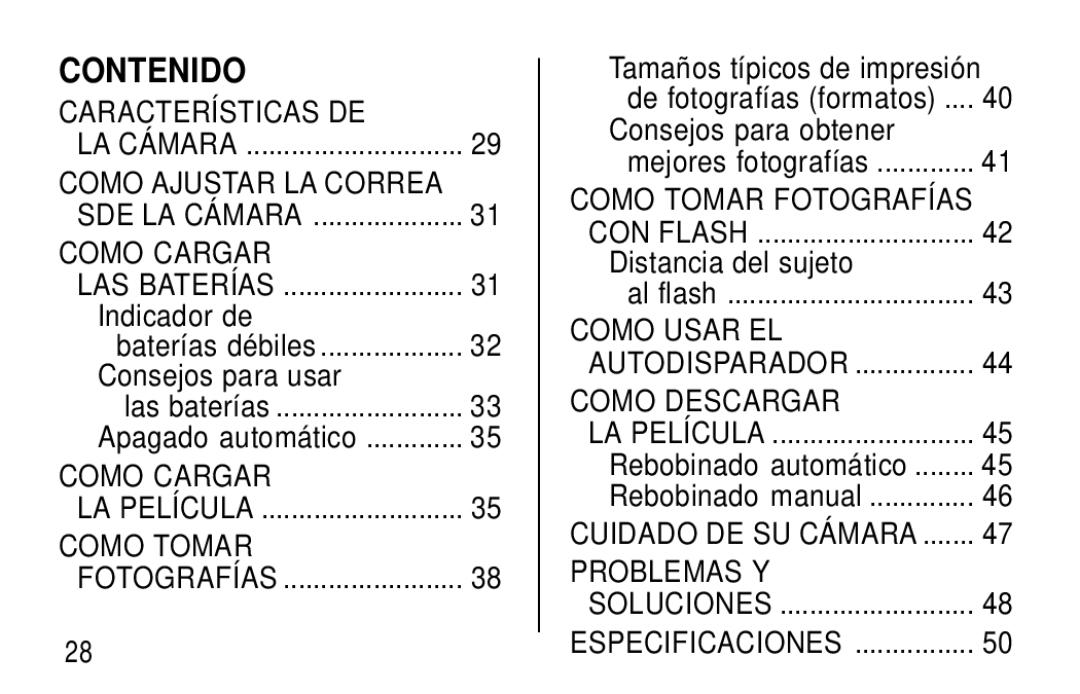 Kodak F320/F330 Contenido, Indicador de Baterías débiles Consejos para usar, Distancia del sujeto, Rebobinado automático 