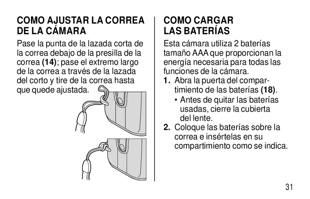 Kodak F320/F330 manual Como Ajustar LA Correa DE LA CÁ Mara, Como Cargar LAS Baterías 