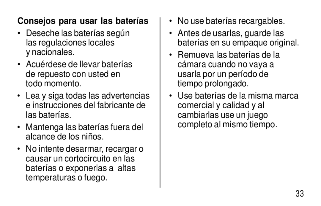 Kodak F320/F330 manual Consejos para usar las baterías 