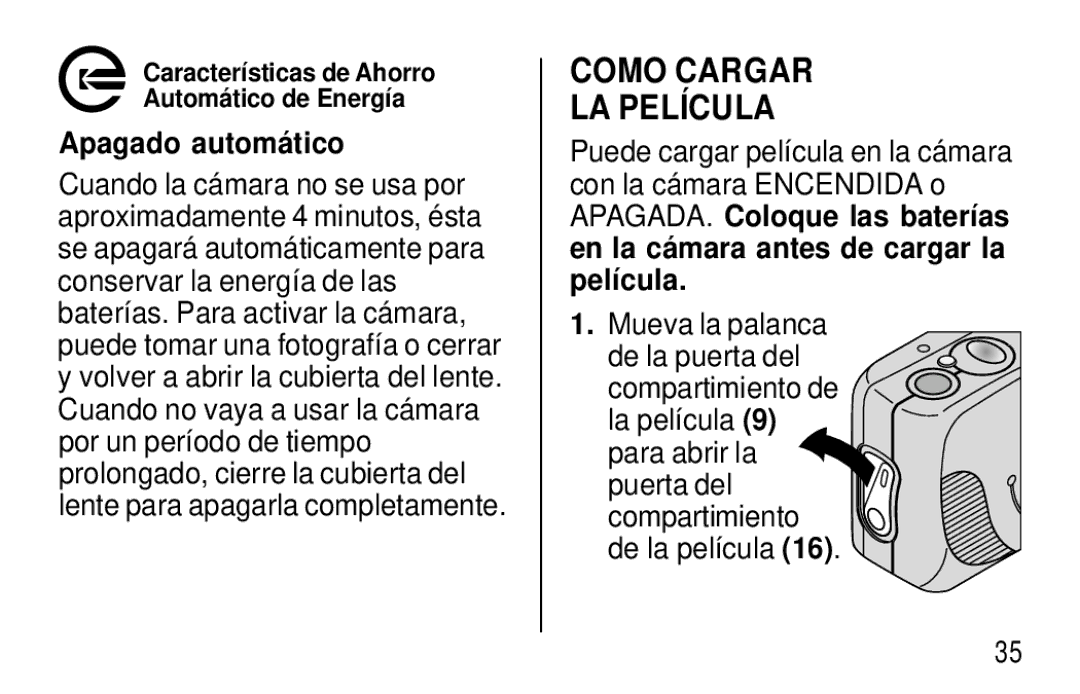 Kodak F320/F330 manual Como Cargar LA Película, Apagado automá tico 