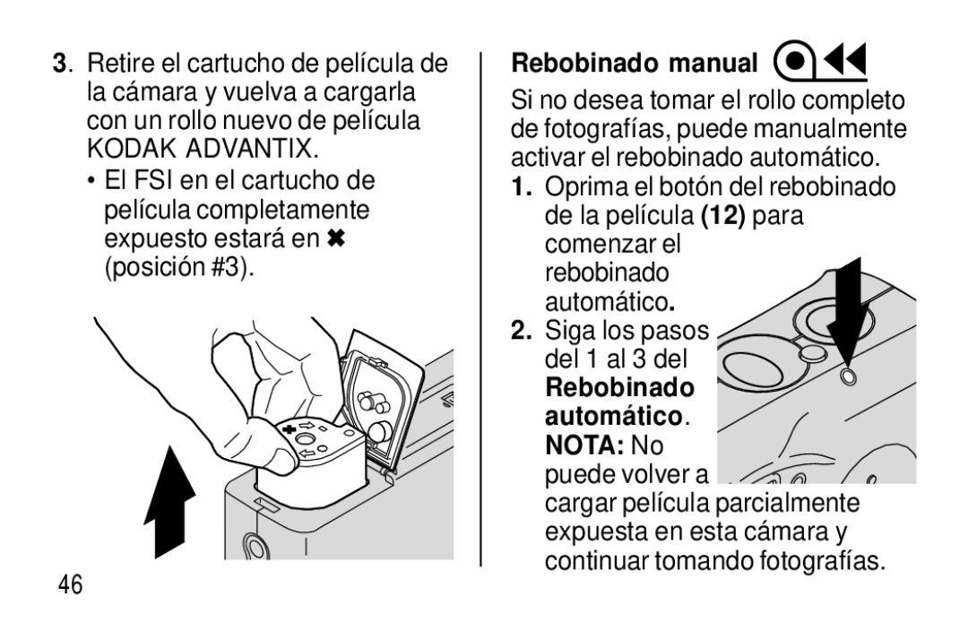 Kodak F320/F330 Rebobinado manual, Rebobinado automá tico. Nota No 