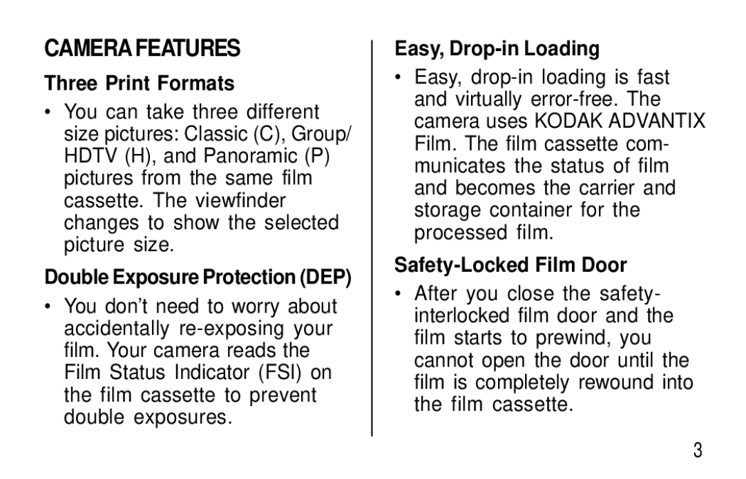 Kodak F320/F330 manual Camera Features, Three Print Formats, Double Exposure Protection DEP, Easy, Drop-in Loading 