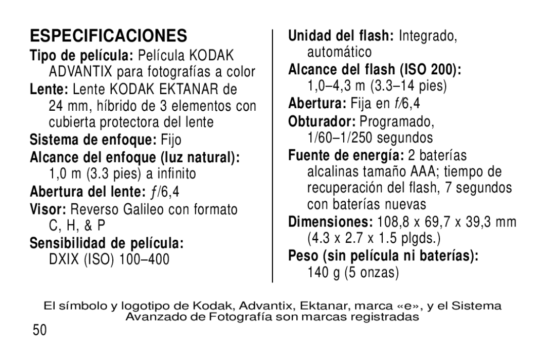 Kodak F320/F330 manual Especificaciones 