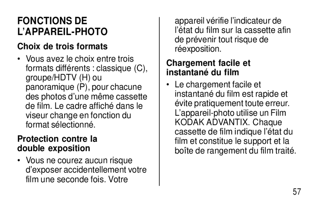 Kodak F320/F330 manual Fonctions DE ’APPAREIL-PHOTO, Choix de trois formats, Protection contre la double exposition 