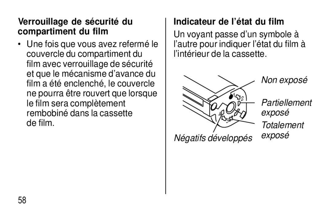 Kodak F320/F330 manual Verrouillage de sé curité du compartiment du film, De film, Indicateur de l’é tat du film 