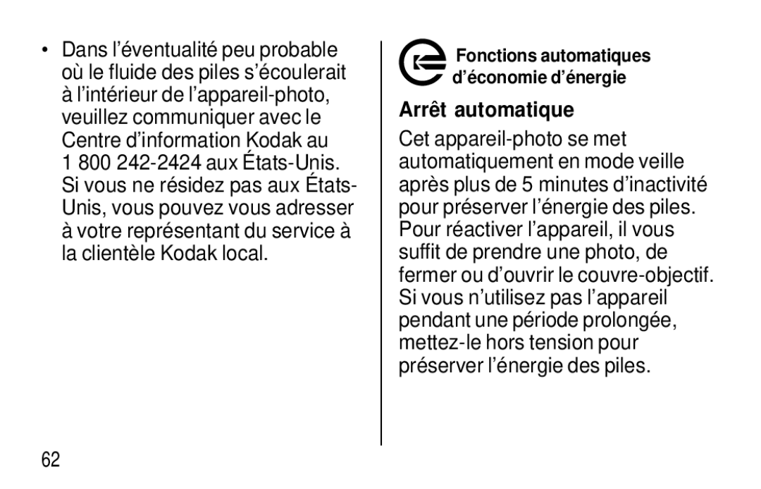 Kodak F320/F330 manual Arrê t automatique 