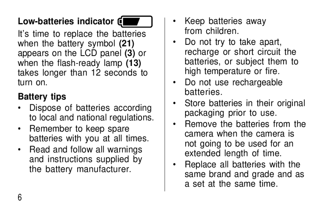 Kodak F320/F330 manual Low-batteries indicator, Battery tips 