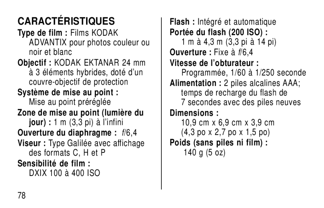 Kodak F320/F330 manual Caracté Ristiques 