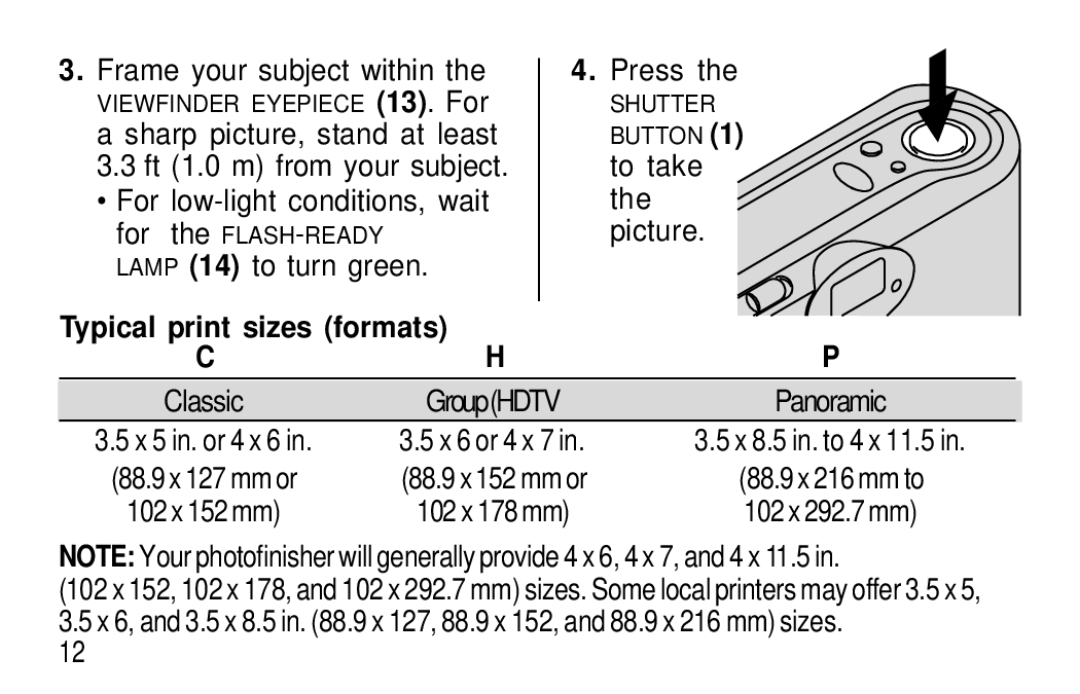 Kodak F350 manual Frame your subject within, Typical print sizes formats, Press, Classic GroupHDTV Panoramic 