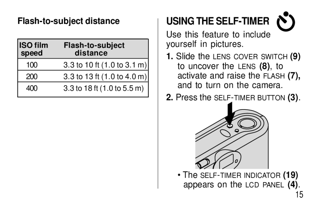 Kodak F350 manual Using the SELF-TIMER, Flash-to-subject distance, Use this feature to include yourself in pictures 