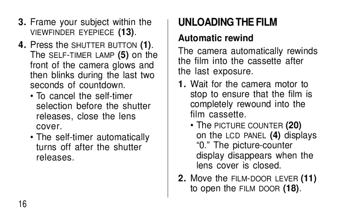 Kodak F350 manual Unloading the Film, Automatic rewind 