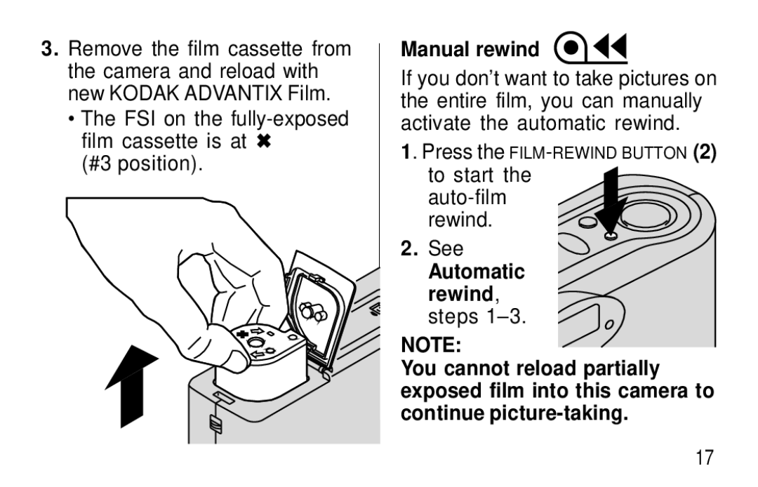 Kodak F350 manual Manual rewind, Auto-film rewind See 