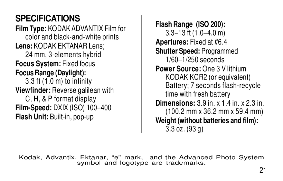 Kodak F350 manual Specifications, Flash Range ISO, Weight without batteries and film 