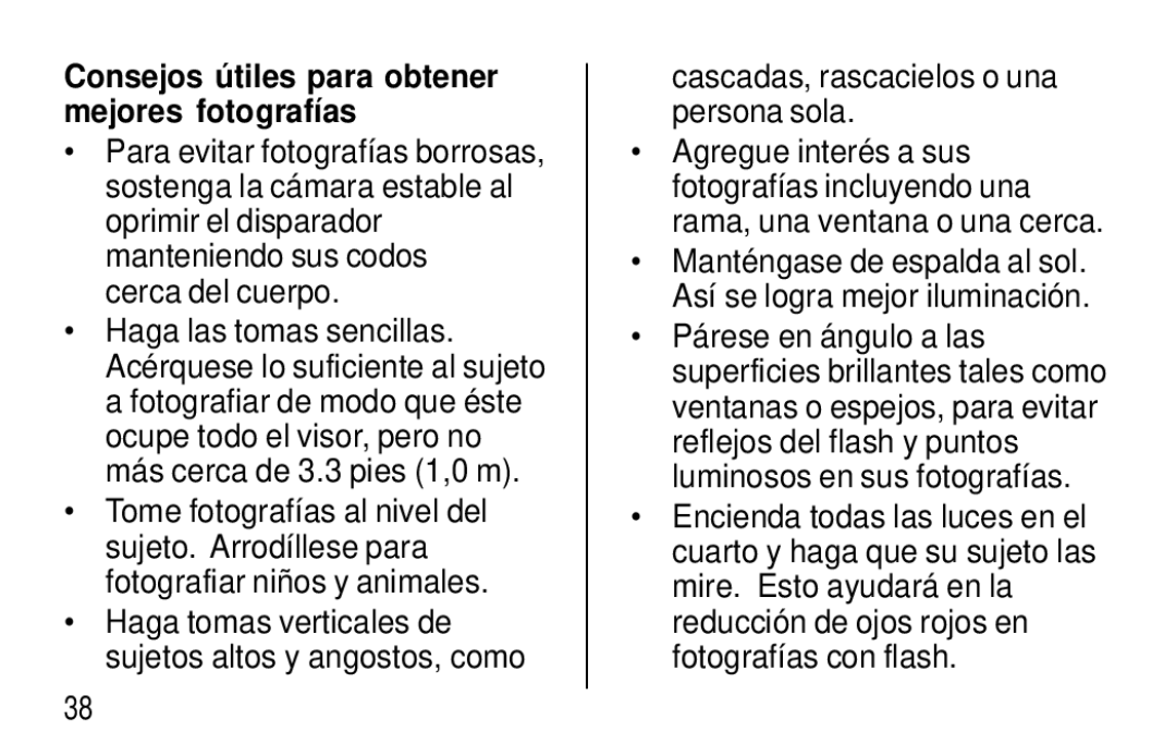 Kodak F350 manual Consejos útiles para obtener mejores fotografías, Cascadas, rascacielos o una persona sola 