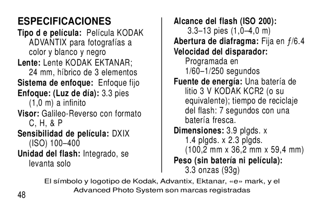 Kodak F350 manual Especificaciones 