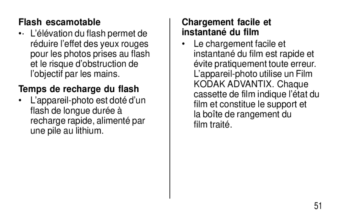 Kodak F350 manual Flash escamotable, Temps de recharge du flash, Chargement facile et instantané du film 