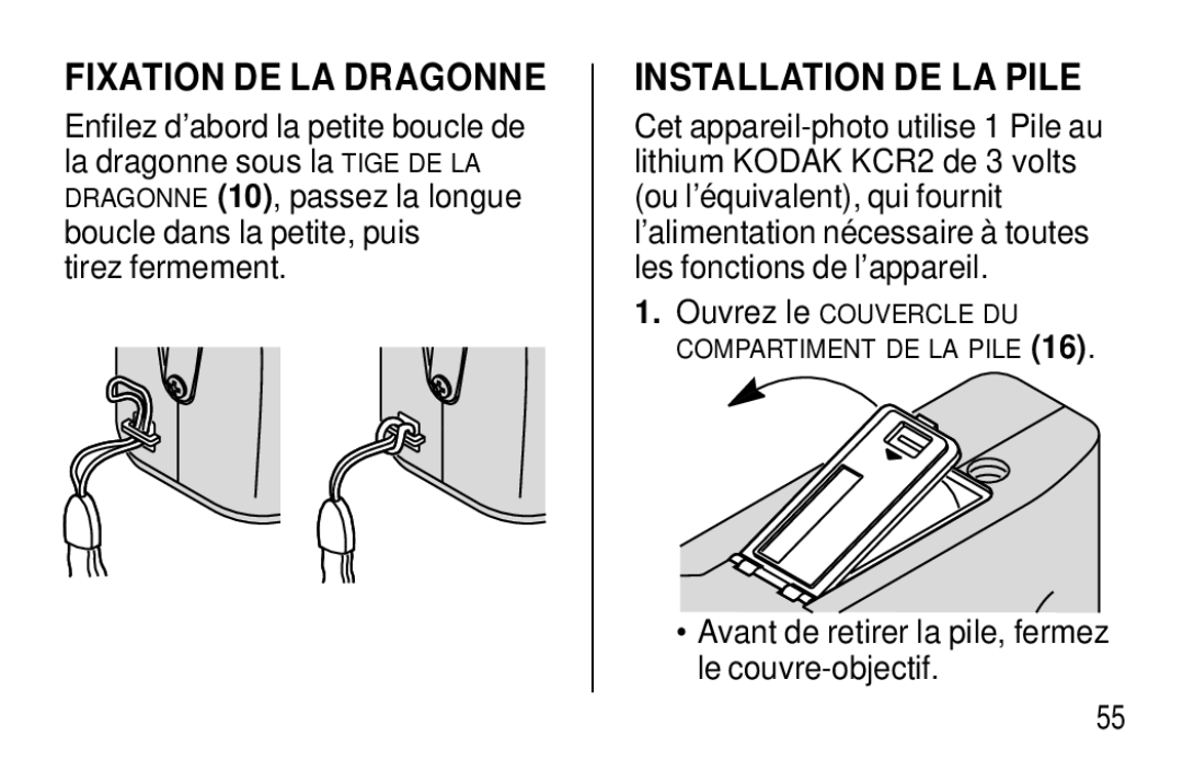 Kodak F350 manual Fixation DE LA Dragonne, Installation DE LA Pile, Tirez fermement 