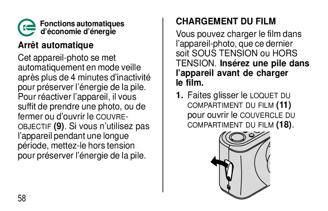 Kodak F350 manual Arrêt automatique, Le film, Faites glisser le Loquet DU, Pour ouvrir le Couvercle DU 