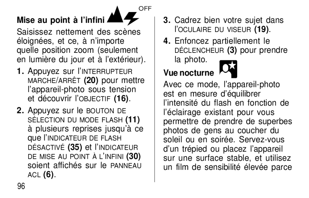 Kodak F600Zoom manual Mise au point à l’infini, Vue nocturne 