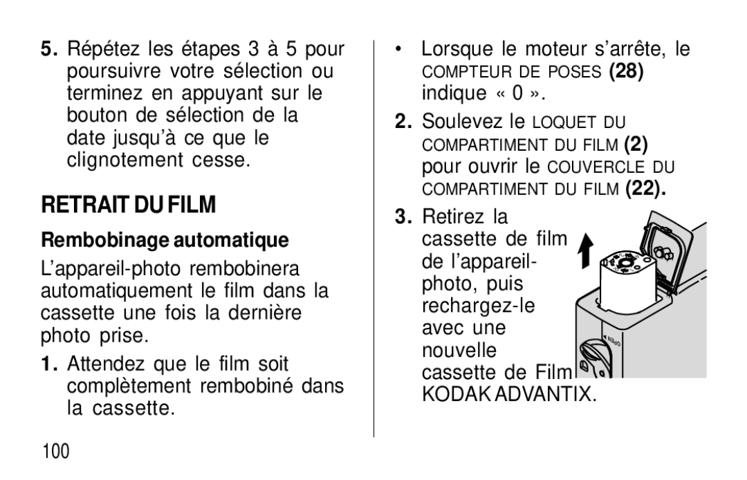 Kodak F600Zoom manual Retrait DU Film, Soulevez le Loquet DU, Rembobinage automatique, Nouvelle 