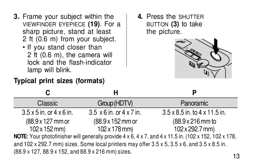 Kodak F600Zoom manual Frame your subject within, Typical print sizes formats, Press the Shutter, Picture 