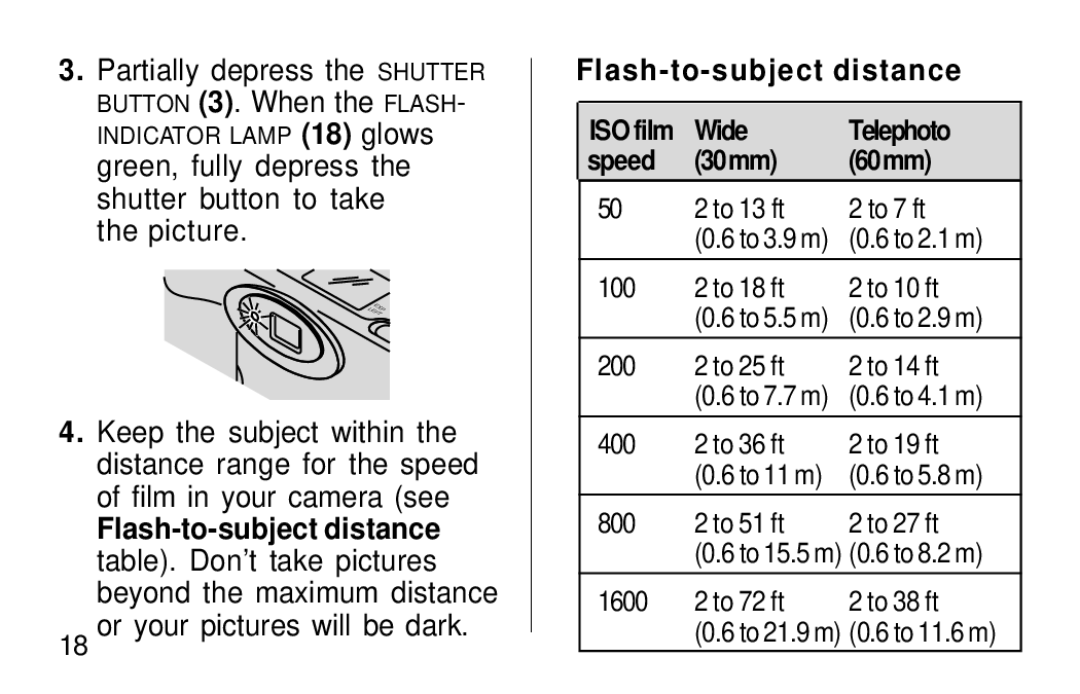 Kodak F600Zoom manual Flash-to-subject distance, Wide Telephoto Speed 30mm 60mm 