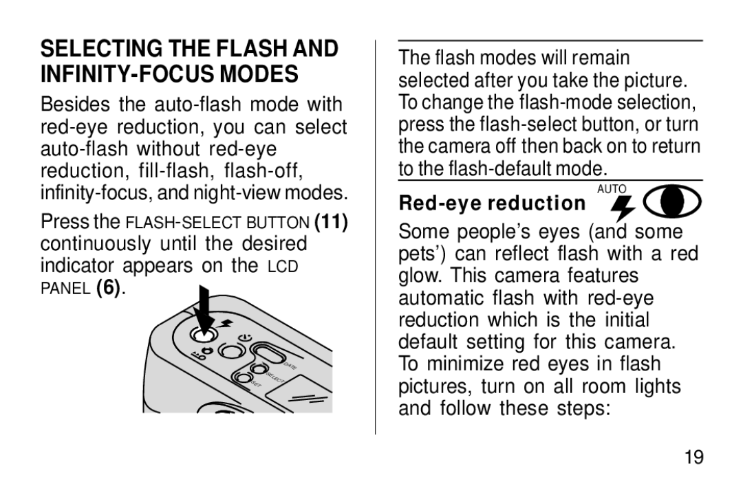 Kodak F600Zoom manual Selecting the Flash and INFINITY-FOCUS Modes, Red-eye reduction 