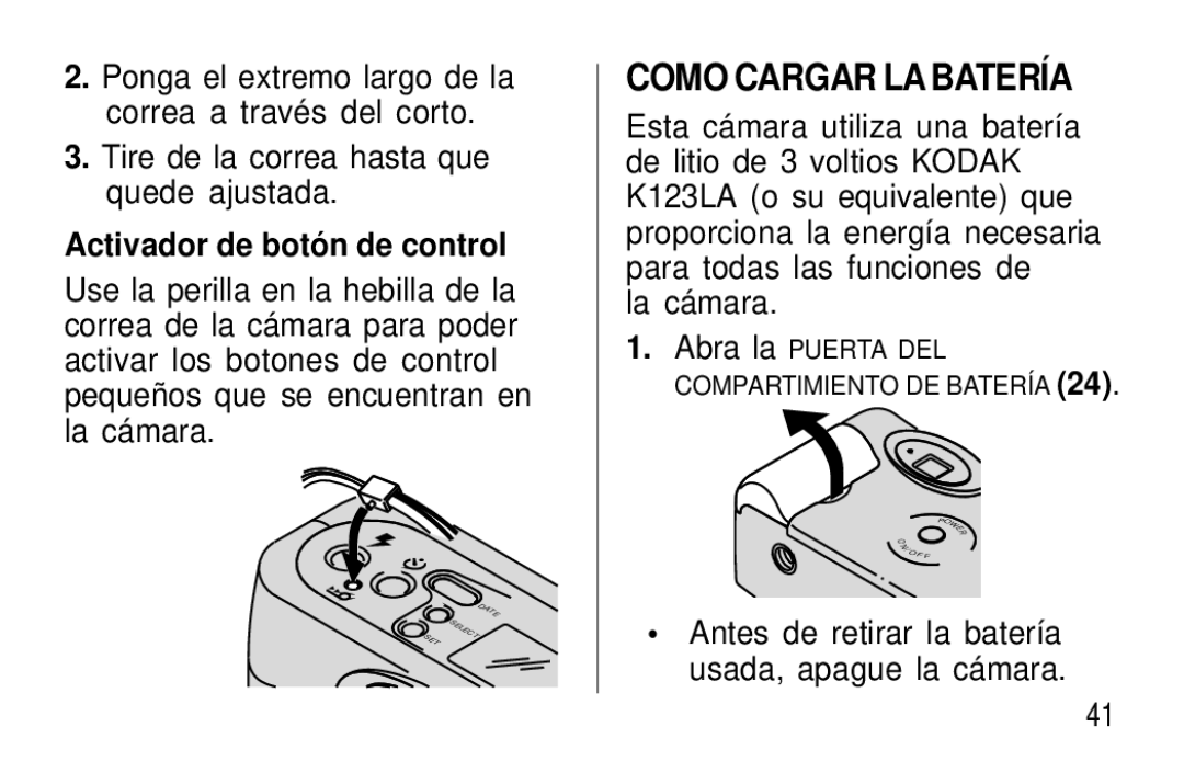 Kodak F600Zoom Como Cargar LA Batería, Activador de botón de control, Antes de retirar la batería usada, apague la cámara 