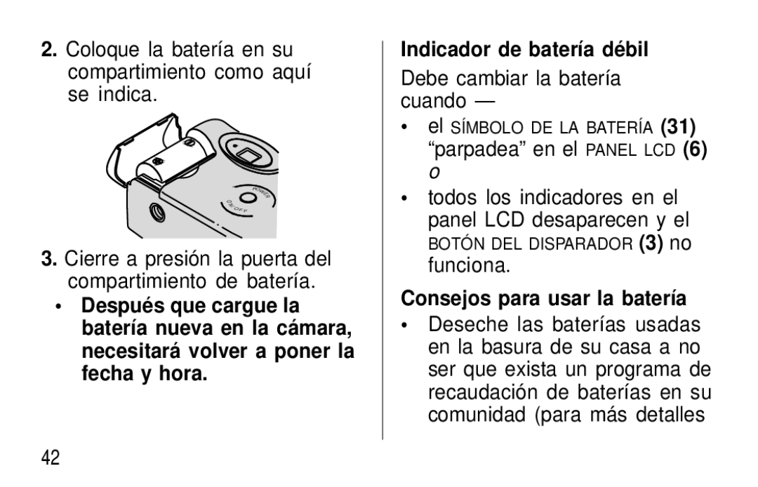 Kodak F600Zoom manual Coloque la batería en su compartimiento como aquí se indica, Debe cambiar la batería cuando 