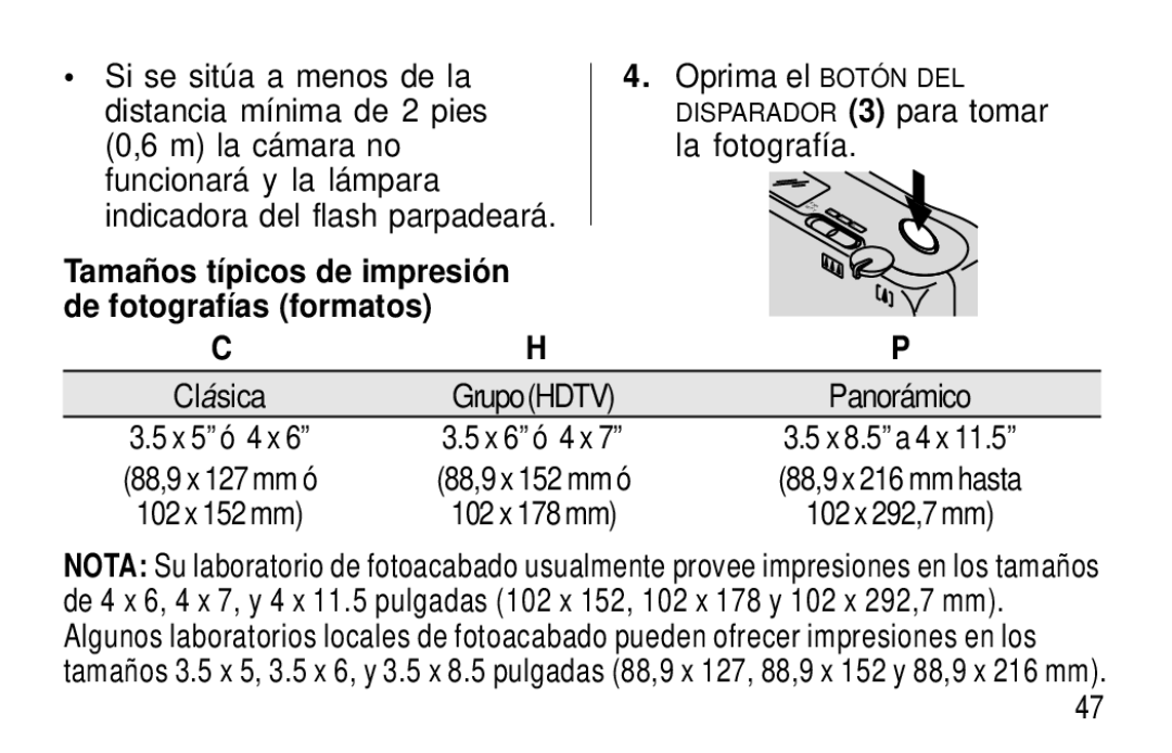 Kodak F600Zoom manual Tamaños típicos de impresión de fotografías formatos, Oprima el Botón DEL, La fotografía, Panorámico 