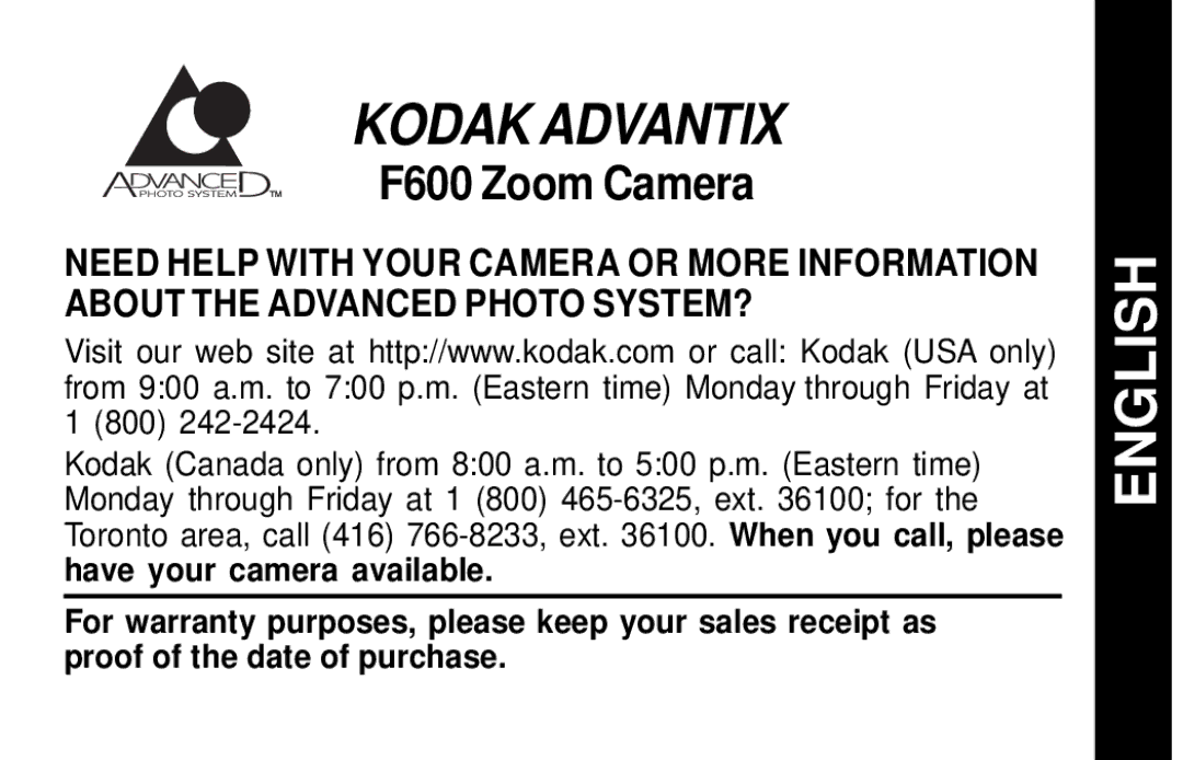 Kodak F600Zoom manual Kodak Advantix 