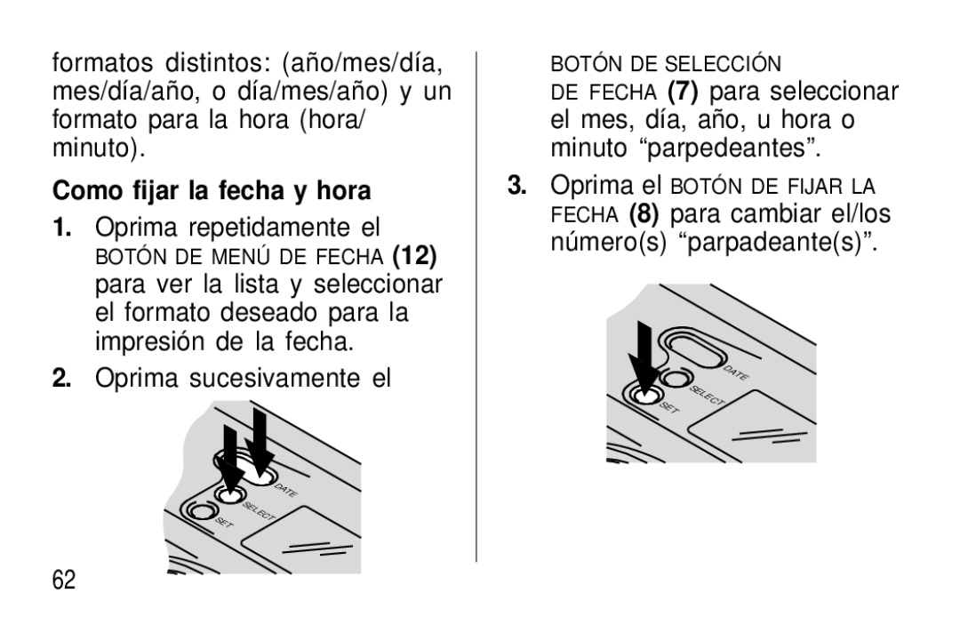 Kodak F600Zoom manual Como fijar la fecha y hora, Oprima sucesivamente el, Números parpadeantes 