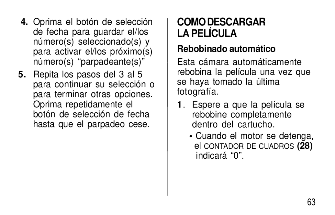 Kodak F600Zoom manual Como Descargar LA Película, Rebobinado automático 