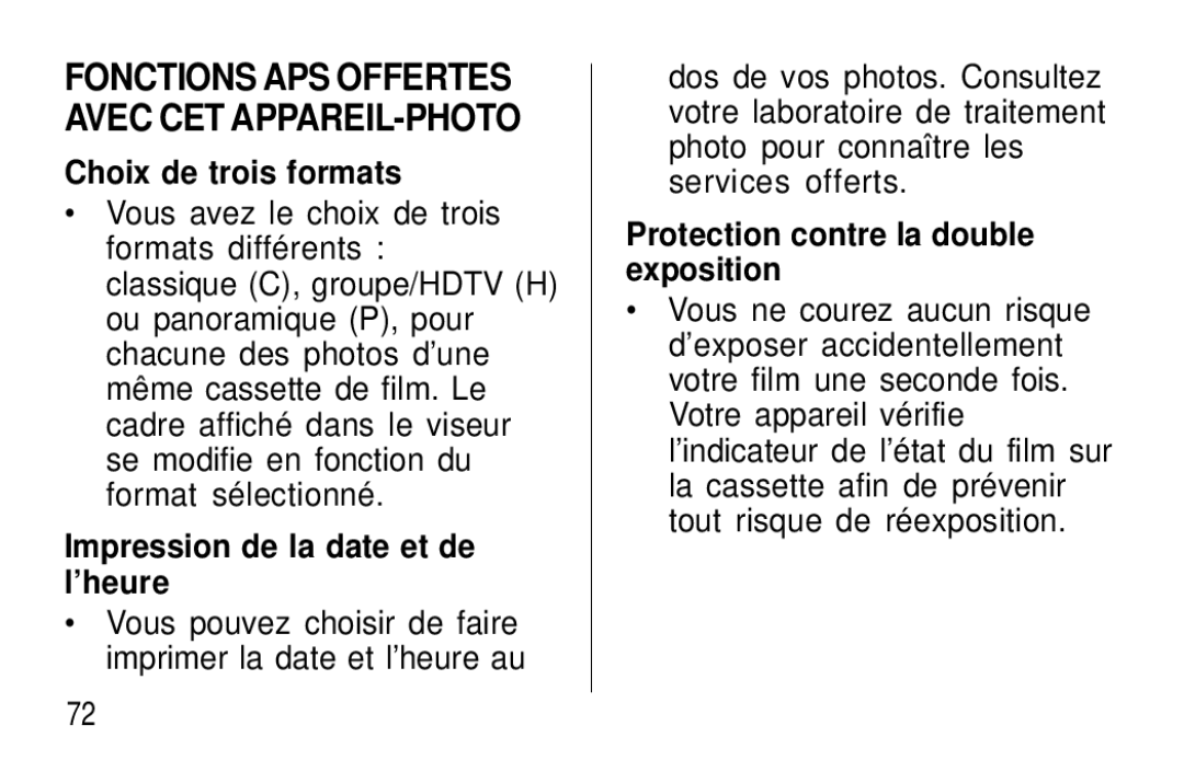 Kodak F600Zoom manual Choix de trois formats, Impression de la date et de l’heure, Protection contre la double exposition 