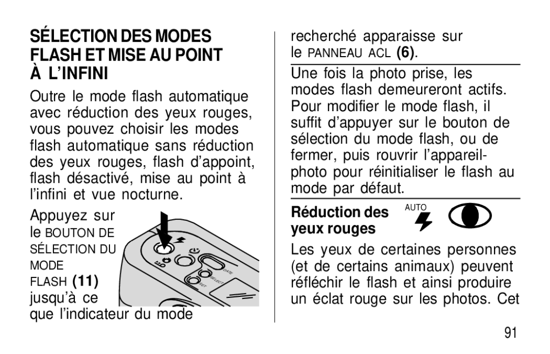 Kodak F600Zoom manual Sélection DES Modes Flash ET Mise AU Point À L’INFINI, Réduction des Auto yeux rouges 