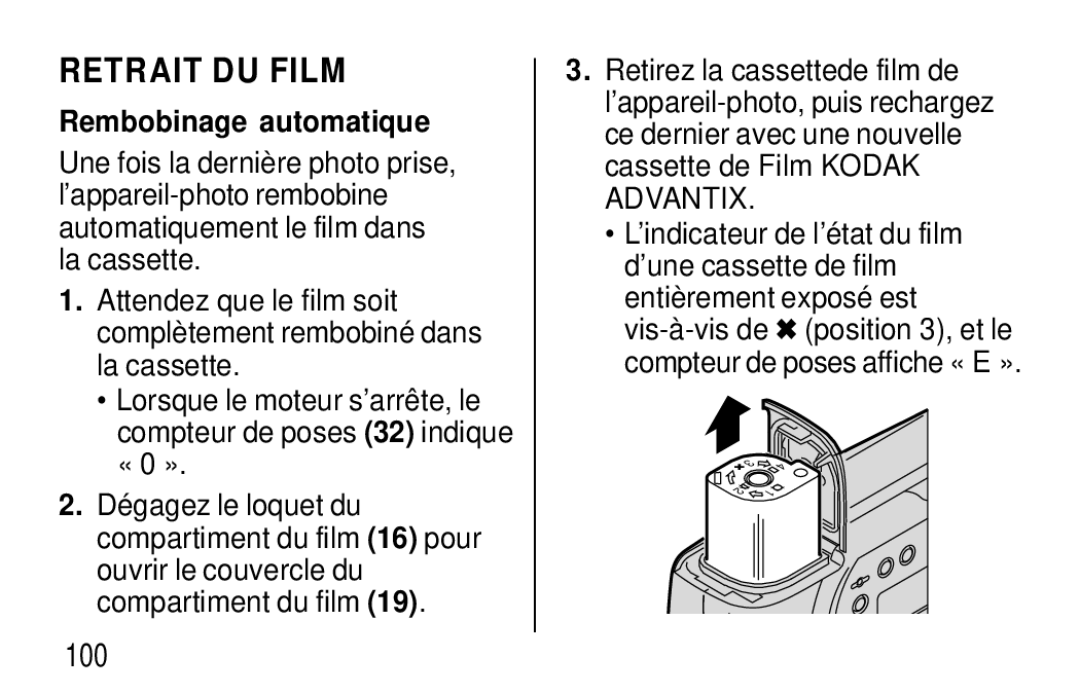 Kodak F620 Zoom manual Retrait DU Film, Rembobinage automatique 