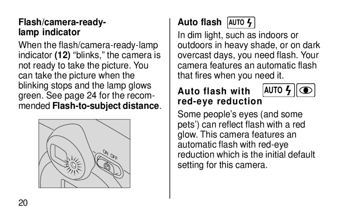 Kodak F620 Zoom manual Flash/camera-ready- lamp indicator, Auto flash Auto, Auto flash with Auto red-eye reduction 