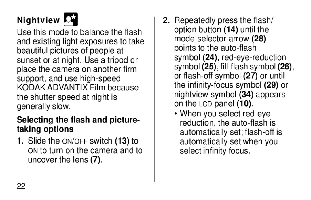 Kodak F620 Zoom manual Nightview, Selecting the flash and picture- taking options 