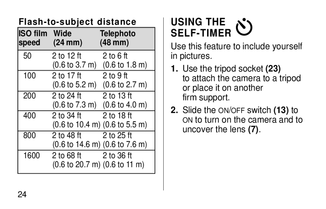 Kodak F620 Zoom manual Using SELF-TIMER, Flash-to-subject distance, Wide Telephoto Speed 24 mm 48 mm 