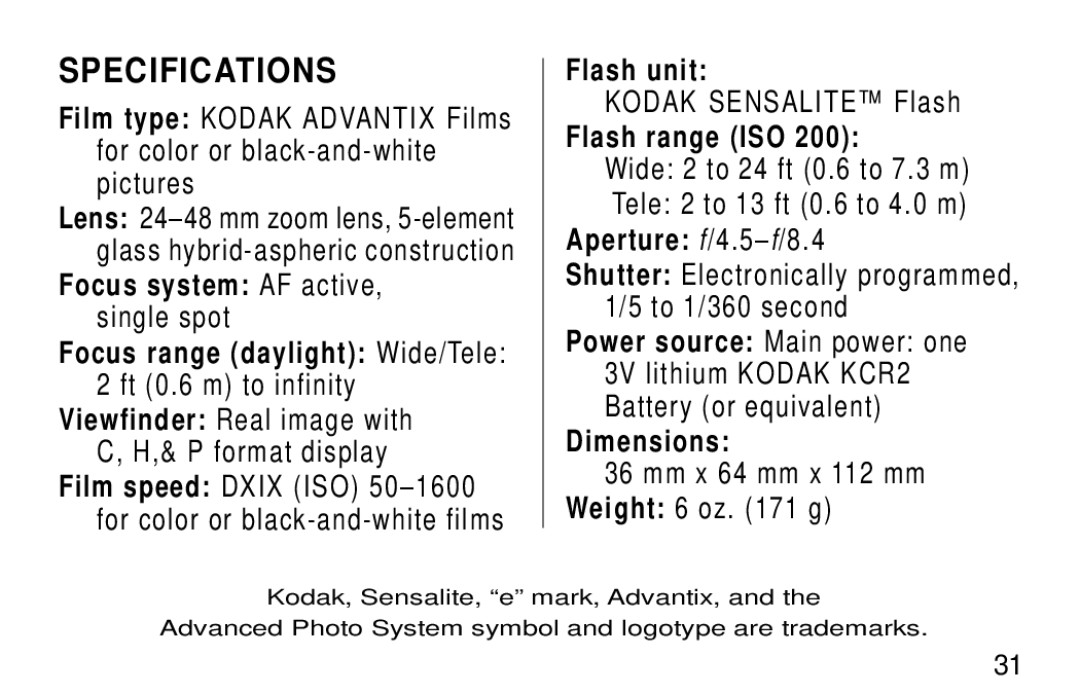 Kodak F620 Zoom manual Specifications 