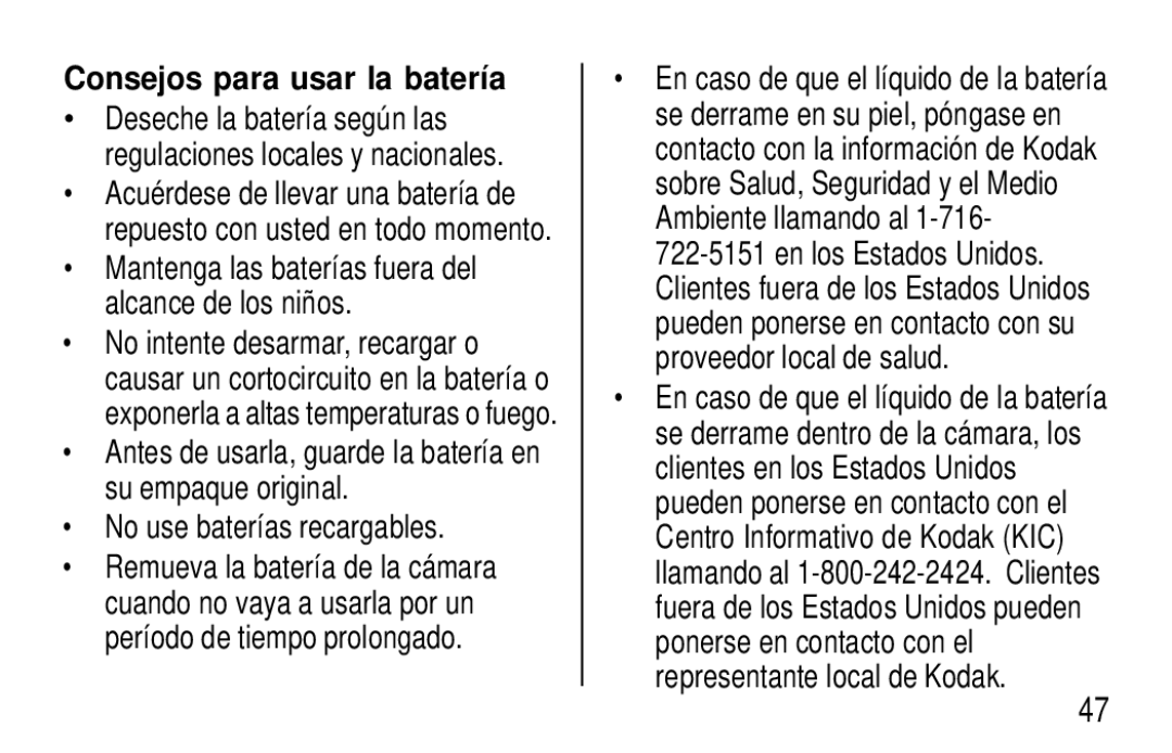 Kodak F620 Zoom manual Consejos para usar la batería, No use baterías recargables 